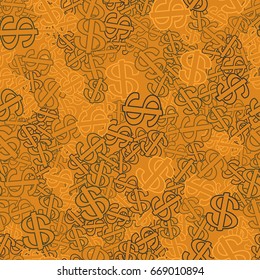 Seamless pattern. Dollar signs scattered in disarray. Yellow, gray tones.