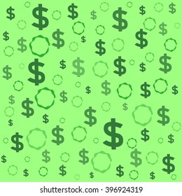Seamless pattern - dollar symbols and circles. Green background. Vector, eps10.