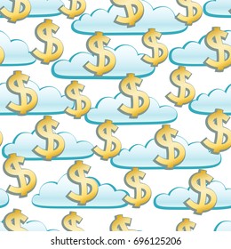 Seamless pattern with dollars and clouds. Vector background