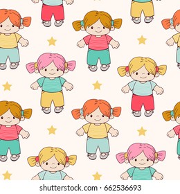 Seamless pattern with dolls.  Hand-drawn  illustration. Vector