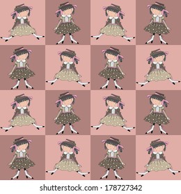 Seamless pattern with dolls on pink background staggered