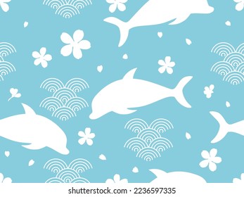 Patrón sin foco con dibujos animados de delfines, flor de cerezo Sakura y ondas asiáticas sobre ilustración vectorial de fondo de menta azul. Huella infantil.