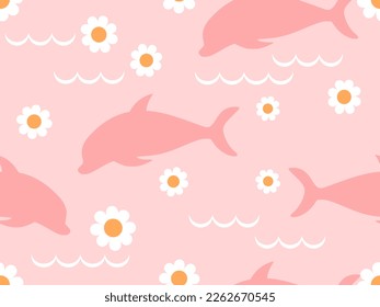 Seamless pattern with dolphin cartoons and daisy flower pink background vector illustration.