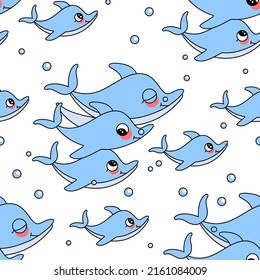 Nahtlose Muster mit Delfinfamilie. Blaues Design mit süßem Hintergrund. Meerestiere, Delfine