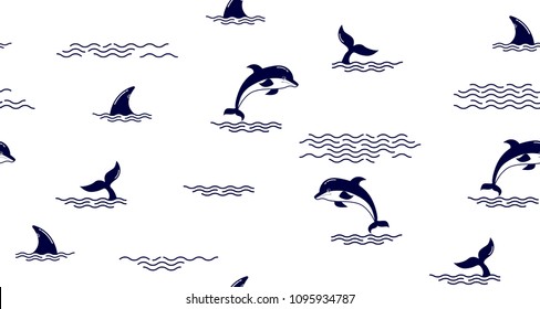 Seamless pattern with Dolphin fin,Dolphin tail, Dolphins. Cute Marine pattern for fabric, baby clothes, background, textile,wrapping paper and other decoration.Vector illustration