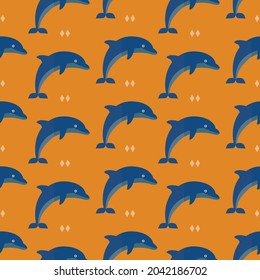 seamless pattern dolphin fish animal sea ocean on orange background vector wallpaper textile giftwrap