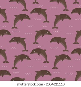 patrón sin fisuras delfín pez mar animal océano en fondo púrpura fondo vectorial papel tapiz textil giftwrap