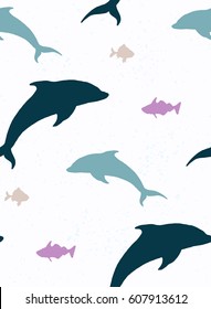 seamless pattern with dolphin and fish silhouettes	
