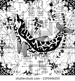 Seamless pattern with dolphin, gothic symbols and geometric lines on white. Esoteric, occult and wicca concept, Halloween illustration with mystic symbols and sacred geometry