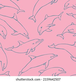 Seamless pattern with dolphin. Hand drawn illustration converted to vector. Marine background.