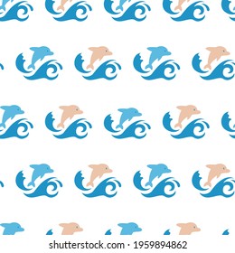 Seamless Pattern with Dolphin Jumping in Flat Vector Design can b e use for background and apparel design