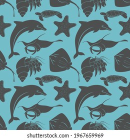 Seamless pattern with Dolphin, Manta Ray and Stingray. Vector illustration