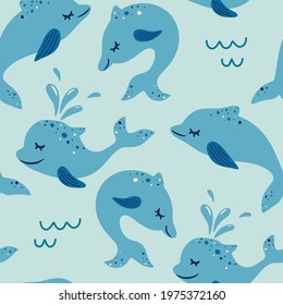 Seamless pattern with dolphin. Marine theme, ocean. Suitable for fabric, wallpaper, clothing, baby print. Vector cute blue background.