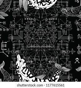 Seamless pattern with dolphin and sacred geometry concept. Esoteric, occult and mysterious concept with sacred geometry elements, graphic vector illustration 