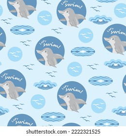 Nahtlose Muster mit Delphin im Meer, Seegras und der Inschrift - lassen Sie uns schwimmen! Vektorgrafik.