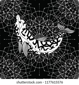 Seamless pattern with dolphin and white circles on black. Esoteric, occult and mysterious concept with sacred geometry elements, graphic vector illustration 