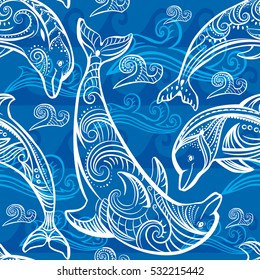 Seamless pattern with dolphins