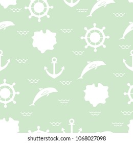 Seamless pattern with dolphins, anchors, steering wheels, waves, islands. Summer leisure.