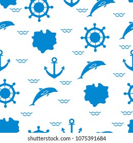 Seamless pattern with dolphins, anchors, steering wheels, waves, islands. Summer leisure.
