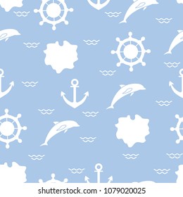 Seamless pattern with dolphins, anchors, steering wheels, waves, islands. Summer leisure.