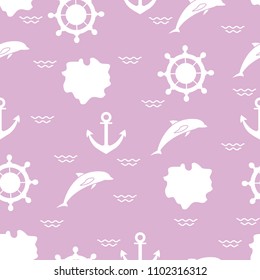 Seamless pattern with dolphins, anchors, steering wheels, waves, islands. Summer leisure.