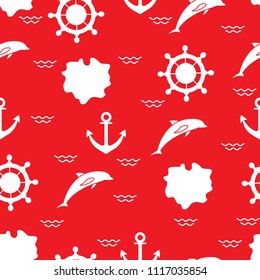 Seamless pattern with dolphins, anchors, steering wheels, waves, islands. Summer leisure.