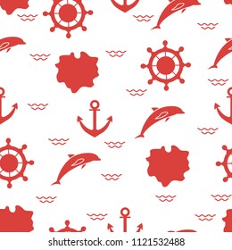 Seamless pattern with dolphins, anchors, steering wheels, waves, islands. Summer leisure.