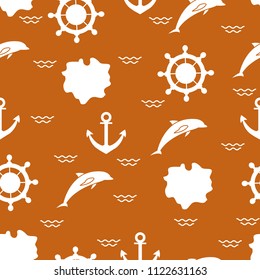 Seamless pattern with dolphins, anchors, steering wheels, waves, islands. Summer leisure.