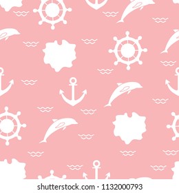 Seamless pattern with dolphins, anchors, steering wheels, waves, islands. Summer leisure.
