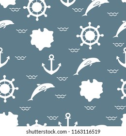Seamless pattern with dolphins, anchors, steering wheels, waves, islands. Summer leisure.