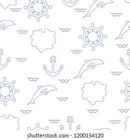 Seamless pattern with dolphins, anchors, steering wheels, waves, islands. Summer leisure.