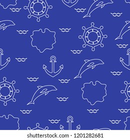 Seamless pattern with dolphins, anchors, steering wheels, waves, islands. Summer leisure.
