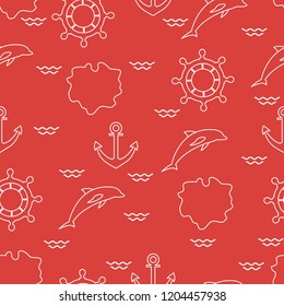 Seamless pattern with dolphins, anchors, steering wheels, waves, islands. Summer leisure.