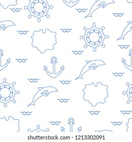 Seamless pattern with dolphins, anchors, steering wheels, waves, islands. Summer leisure.