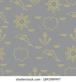 Seamless pattern with dolphins, anchors, steering wheels, waves, islands. Summer leisure. Illuminating and Ultimate Gray.