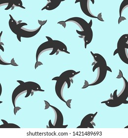 Seamless pattern with dolphins, blue background.Ideal for textiles, packaging, paper printing, simple backgrounds and textures.