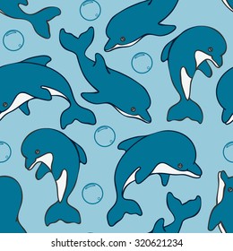 Seamless pattern with dolphins and bubbles in blue colors. Vector EPS 10