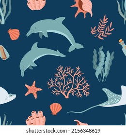 Seamless pattern with dolphins, coral and shells on blue background.  Underwater world vector ornament.  Sea life summer illustration