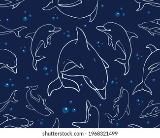 seamless pattern with dolphins, decorative, summer background with marine mammals, stylized  vector graphics