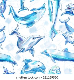 Seamless pattern. Dolphins. Imitation of watercolor. Vector illustration.
