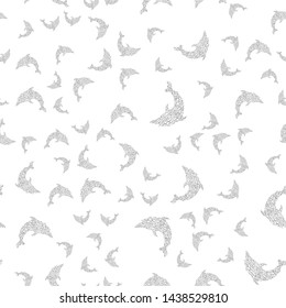 Seamless pattern of dolphins isolated on white background. Hand drawn seamless illustration. Outline.
