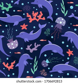 seamless pattern with dolphins and jellyfish. vector color illustration. underwater world. cute children's background.