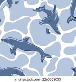 Seamless pattern with dolphins. Marine dweller. Concept of sea and ocean life. Modern print for fabric, textiles, wrapping paper. Vector illustration