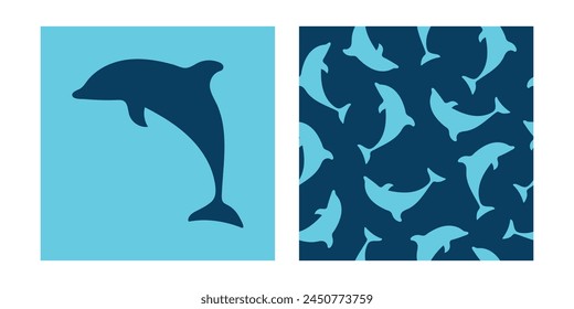 Patrón sin fisuras con delfines sobre un fondo azul. Estampado de verano marino. Vector.