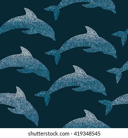 Seamless pattern with dolphins on dark background. Mosaic vector illustration. 