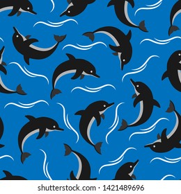 Seamless pattern with dolphins on the waves. Ideal for textiles, packaging, paper printing, simple backgrounds and textures.