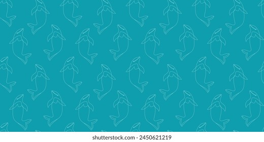Seamless Pattern with dolphins in one line style. White simple hand drawn mammal wild fish on blue sea ocean backgrounds for summer print .