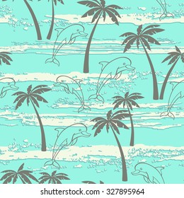 Seamless pattern with dolphins and palm trees. Summer background