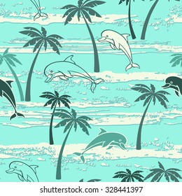 Seamless pattern with dolphins and palm trees. Summer background.