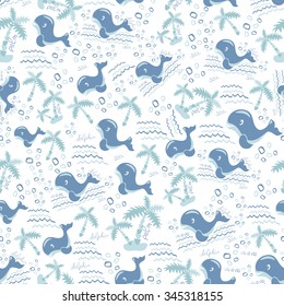 Seamless pattern with dolphins, palm trees and sea pebbles